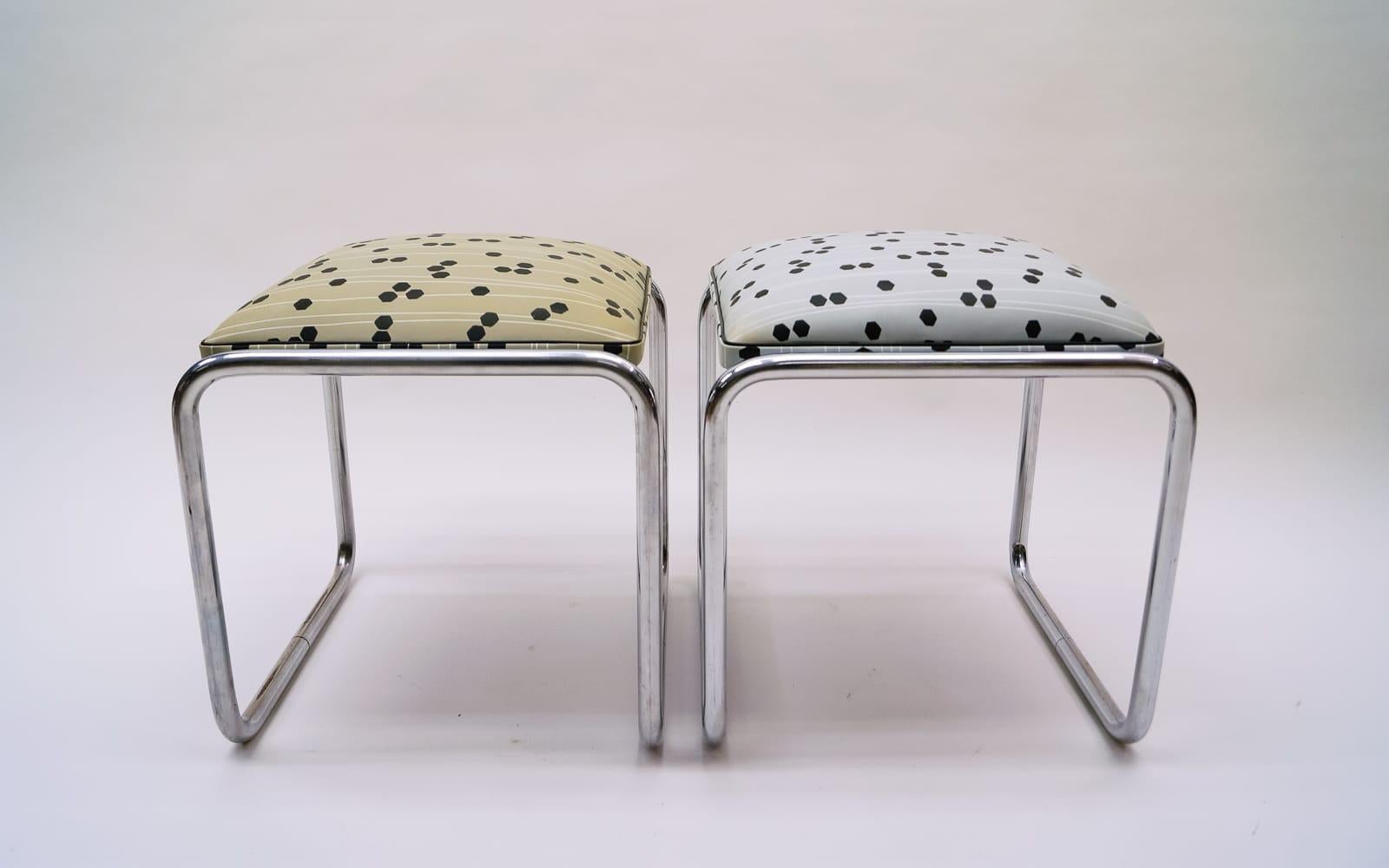 Metal Pair of Tubular Steel Bauhaus Stools with Graphic Patterns, 1940s, Germany