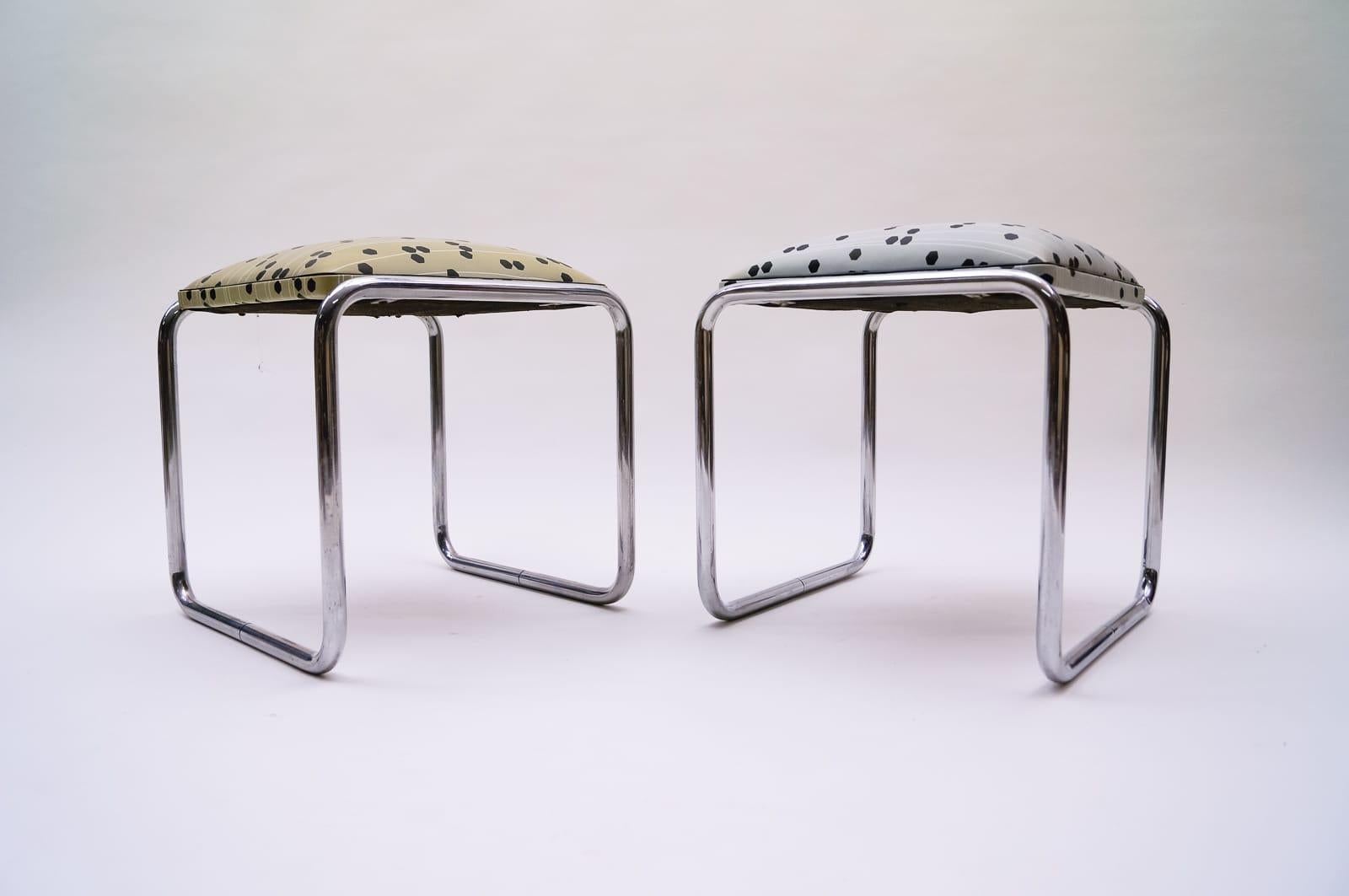 Pair of Tubular Steel Bauhaus Stools with Graphic Patterns, 1940s, Germany 1