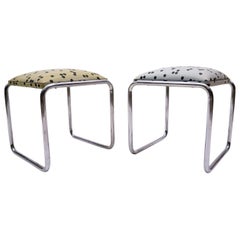 Pair of Tubular Steel Bauhaus Stools with Graphic Patterns, 1940s, Germany