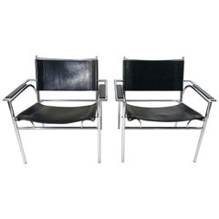 Pair of Tubular Steel Black Leather Chairs 4735 by Gerard Vollenbrock for Leolux