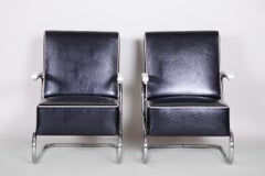 Pair of Tubular Steel Cantilever Armchairs in Art Deco, Chrome, New Upholstery