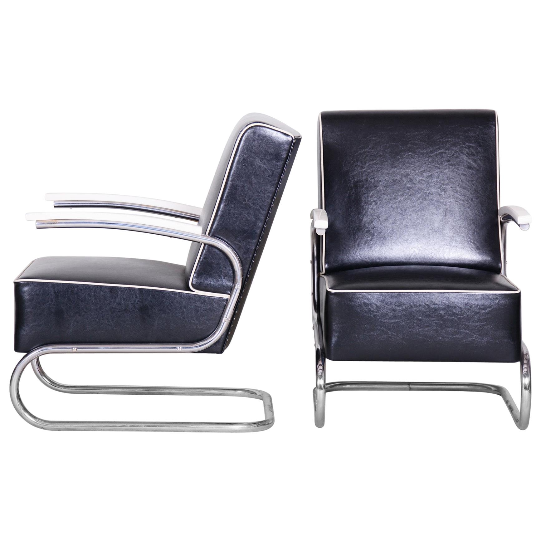 Paar Freischwinger-Sessel aus Stahlrohr im Art déco-Stil:: Chrom:: neu gepolstert