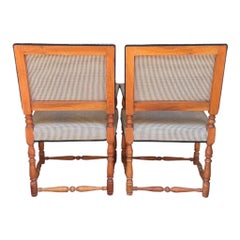 Pair of Tudor-Style Turned Wood Armchairs with Geometric Upholstery C. 1930