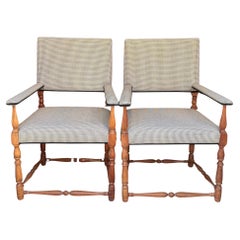 Pair of Tudor-Style Turned Wood Armchairs with Geometric Upholstery C. 1930