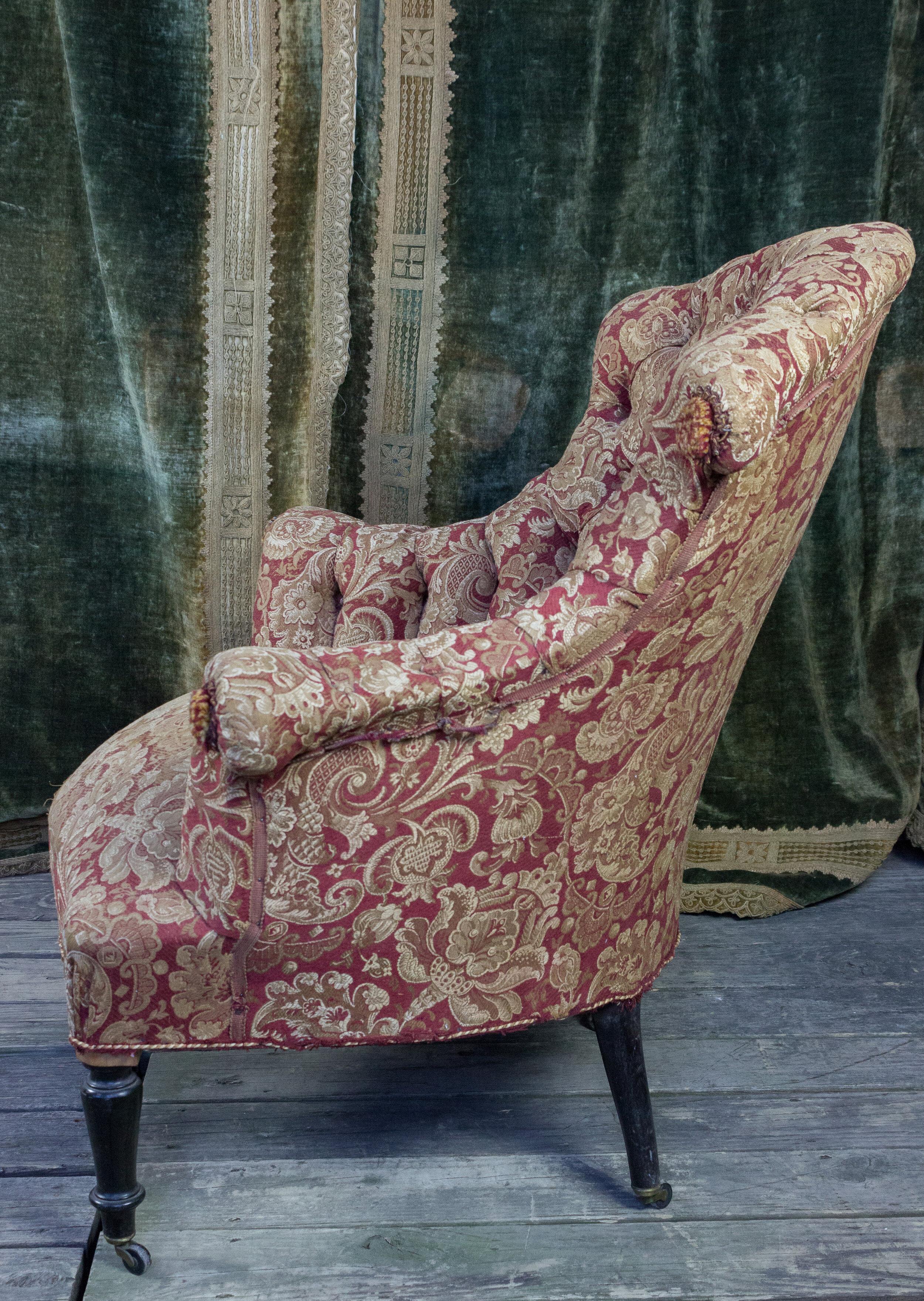 Pair of Tufted and Scrolled Back Chairs in Printed Velvet 4