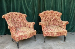 Pair of Tufted and Scrolled Back Chairs in Printed Velvet