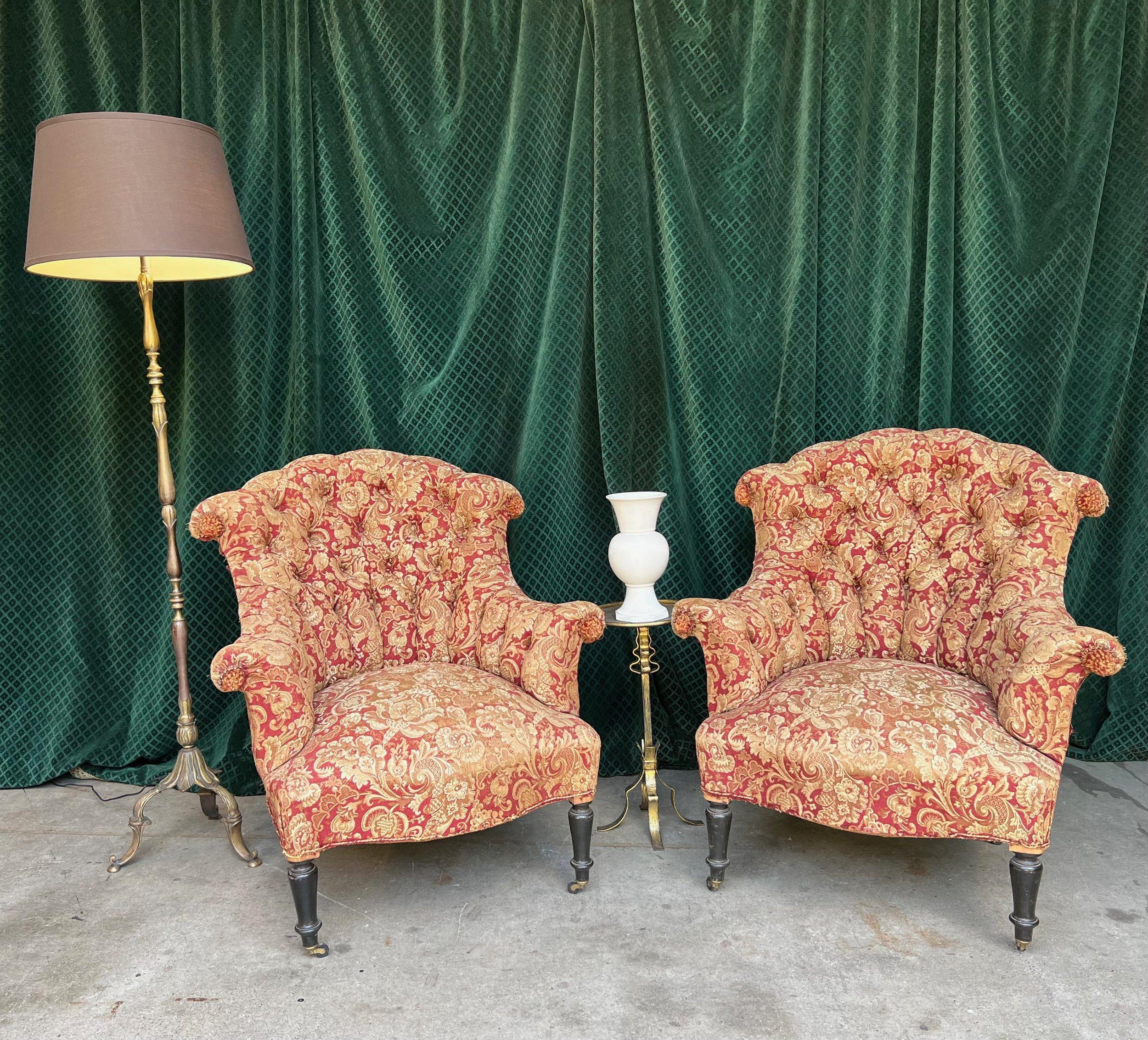 Napoleon III Pair of Tufted and Scrolled Back Chairs in Printed Velvet
