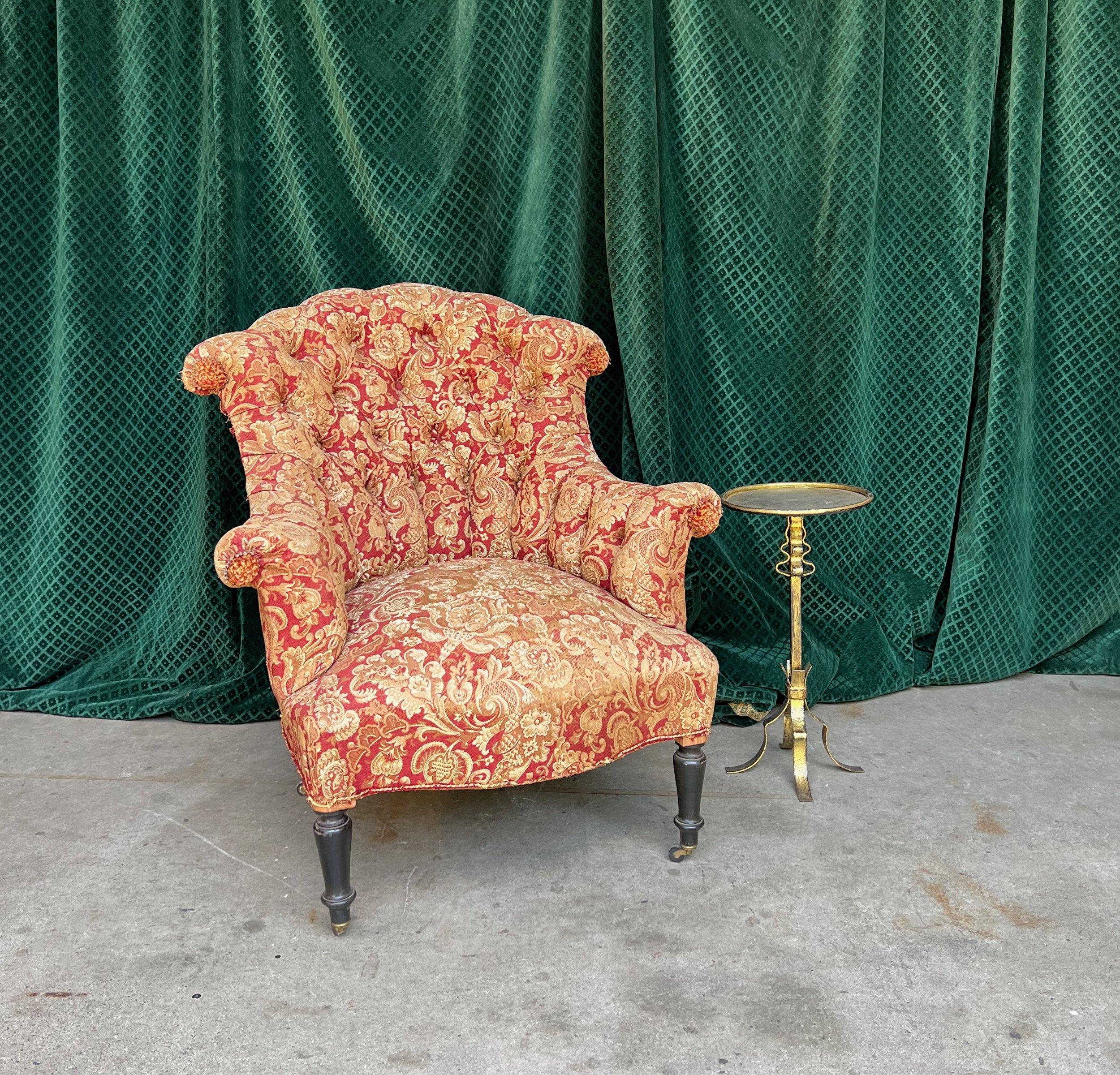 European Pair of Tufted and Scrolled Back Chairs in Printed Velvet