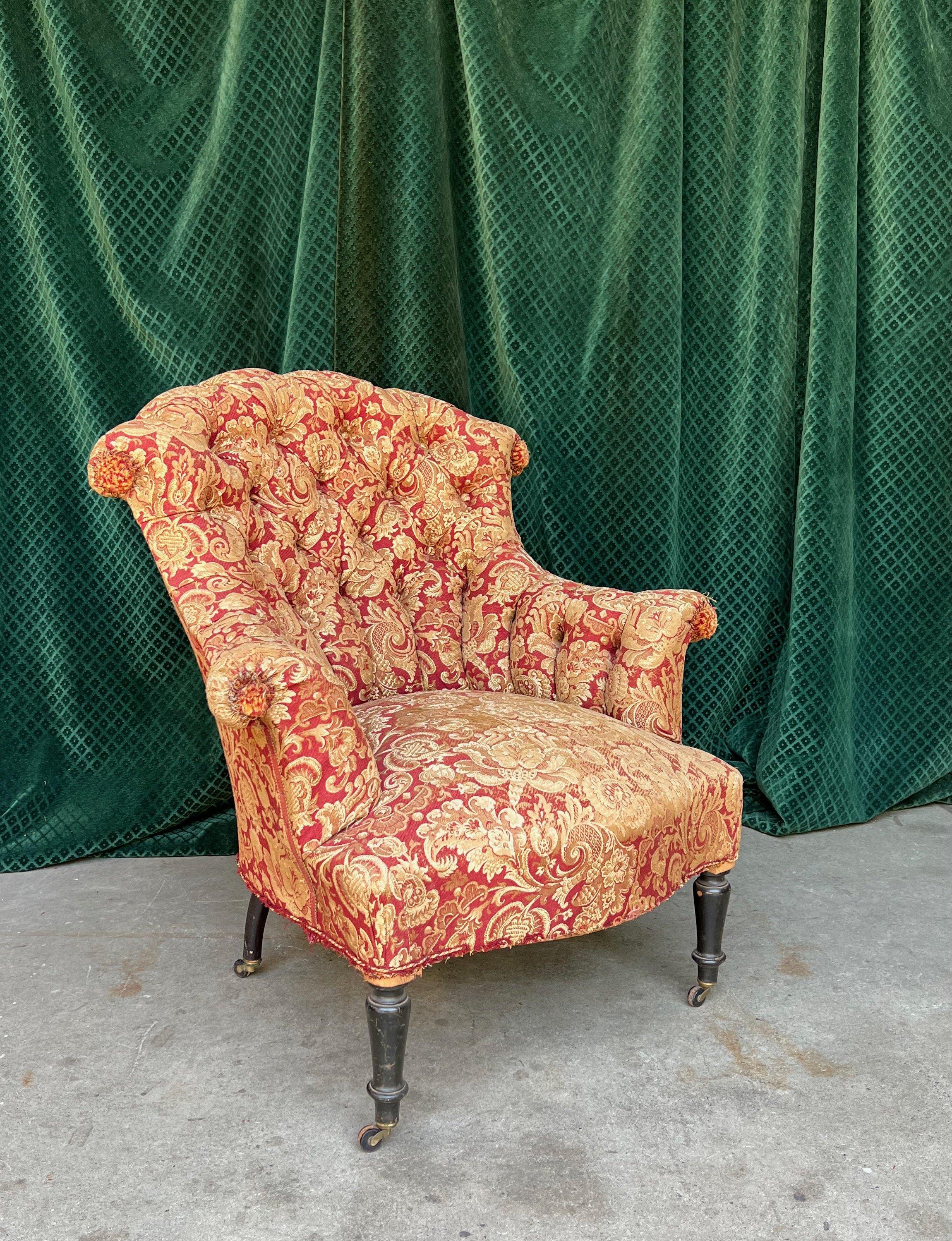 Pair of Tufted and Scrolled Back Chairs in Printed Velvet In Good Condition For Sale In Buchanan, NY