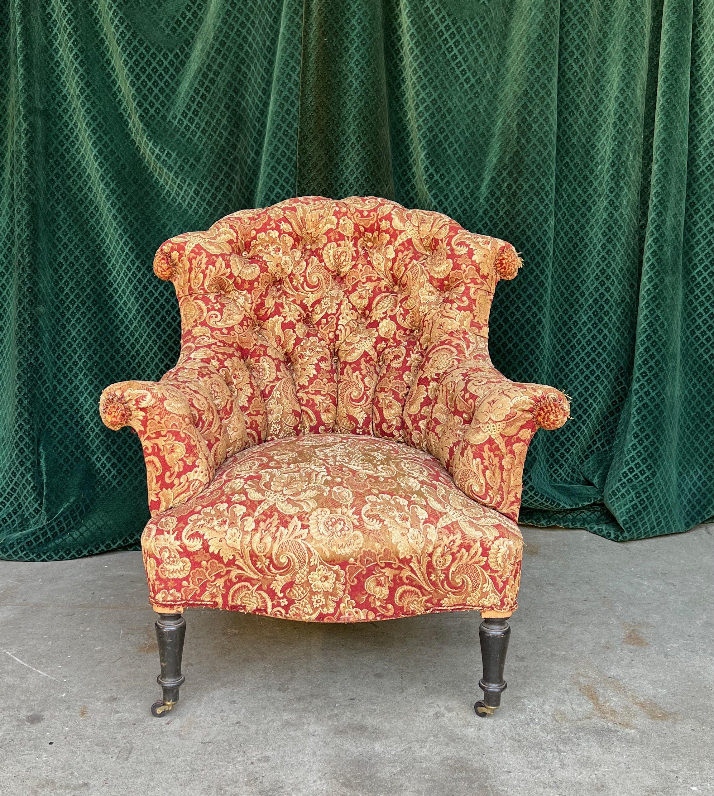 Upholstery Pair of Tufted and Scrolled Back Chairs in Printed Velvet