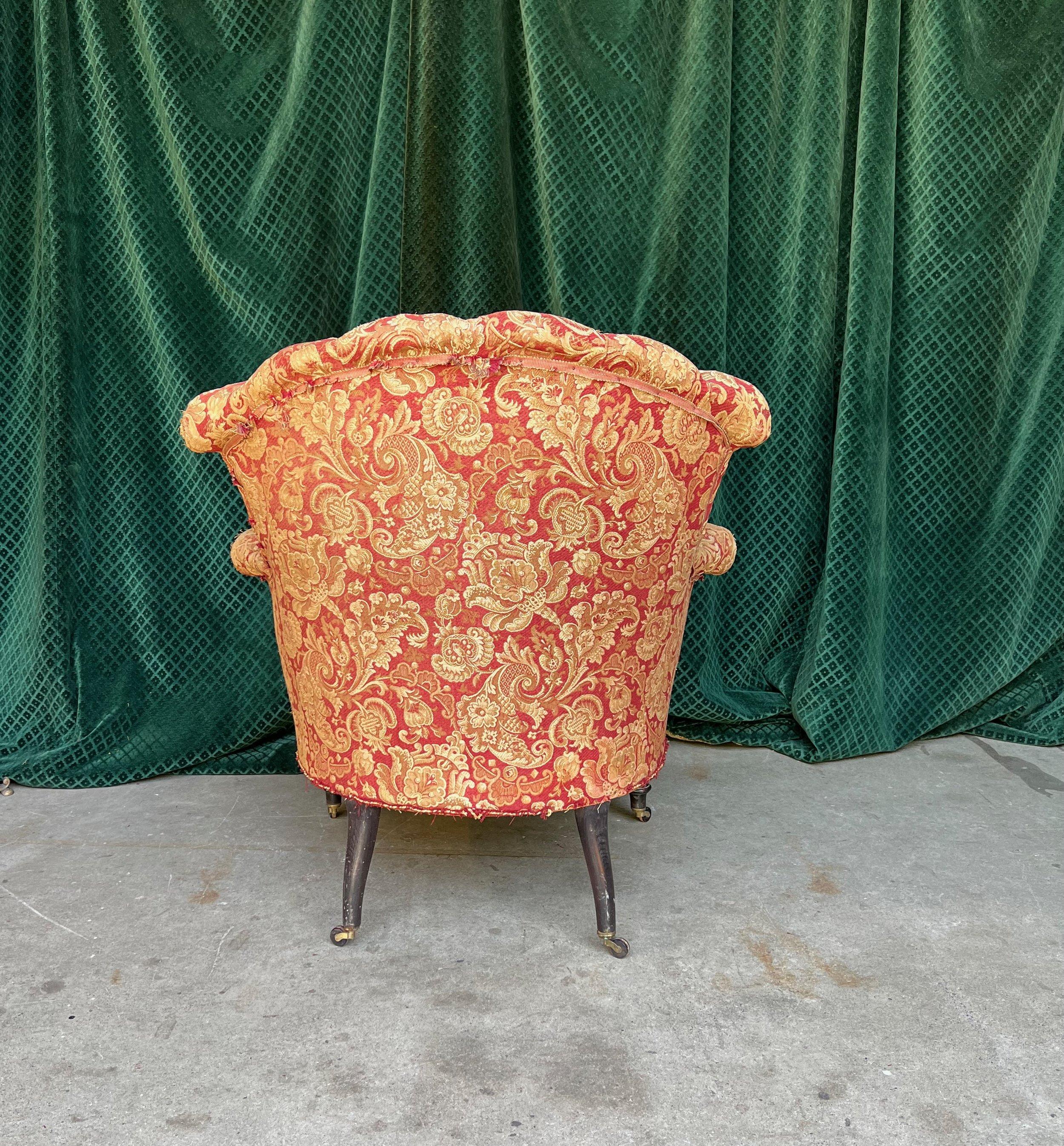 Pair of Tufted and Scrolled Back Chairs in Printed Velvet For Sale 1