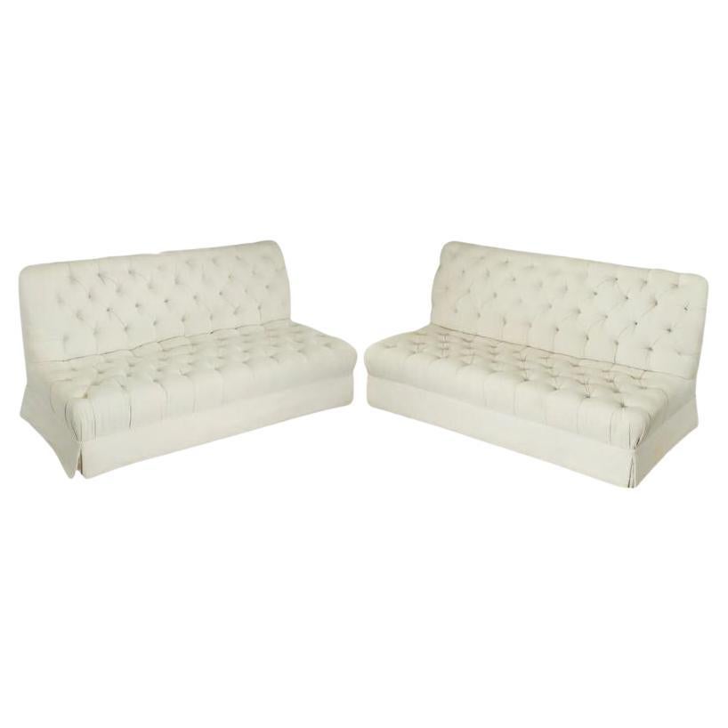 Pair of Tufted Armless Cotton Three Seat Sofas, Daniel Romualdez For Sale