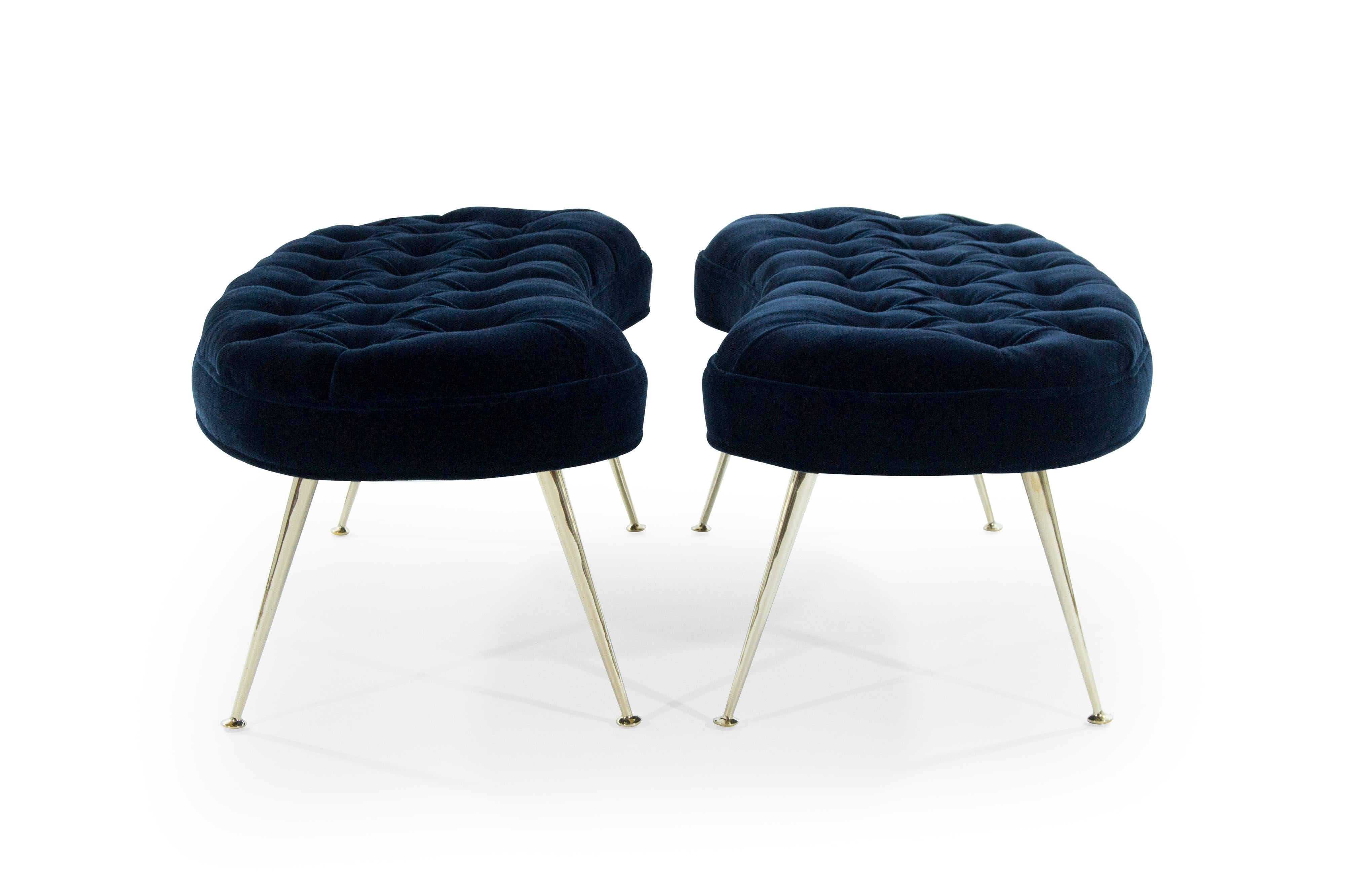 Mid-Century Modern Pair of Tufted Benches in Deep Blue Mohair