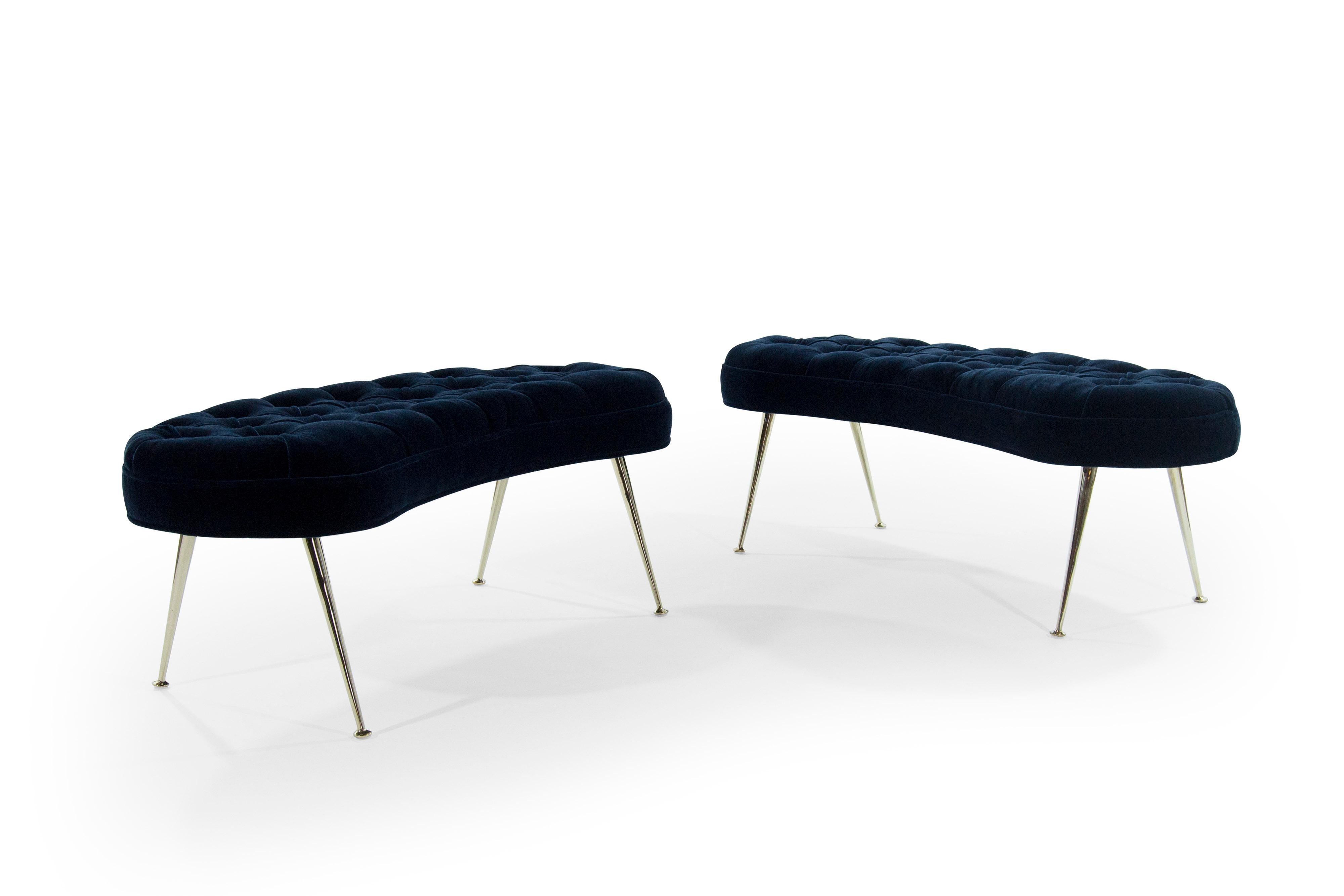 Italian Pair of Tufted Benches in Deep Blue Mohair