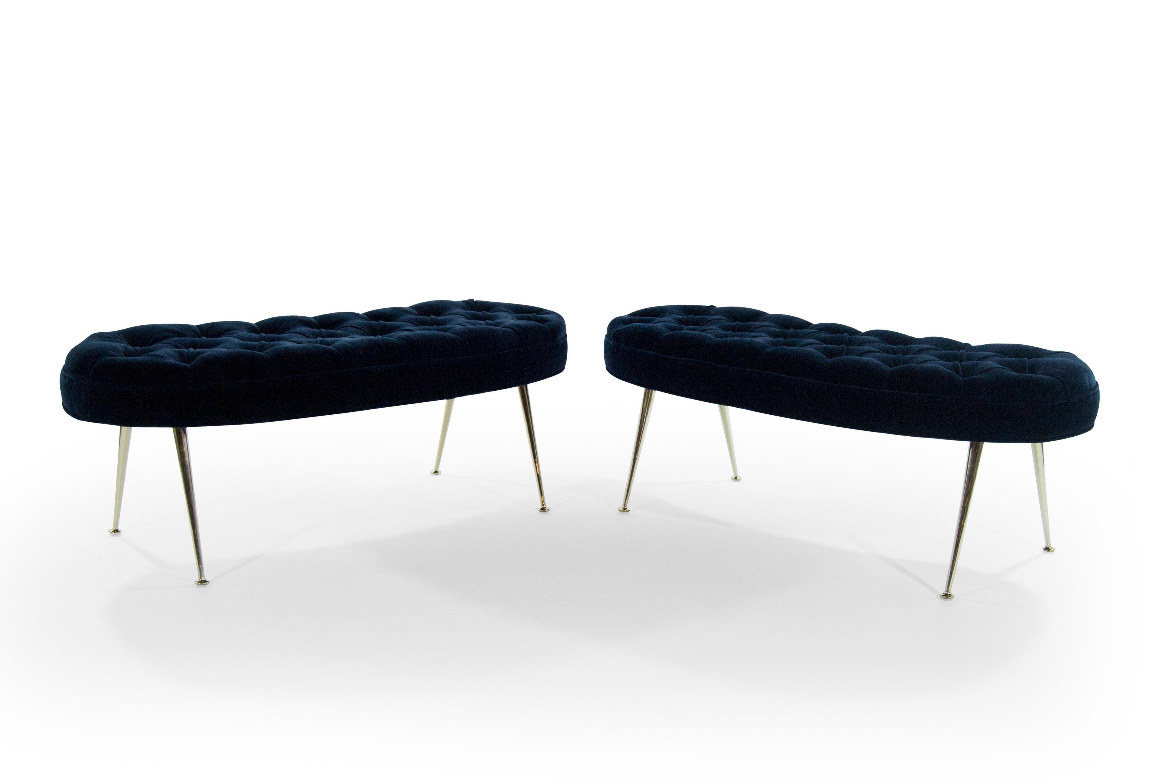 Pair of Tufted Benches in Deep Blue Mohair In Excellent Condition In Westport, CT