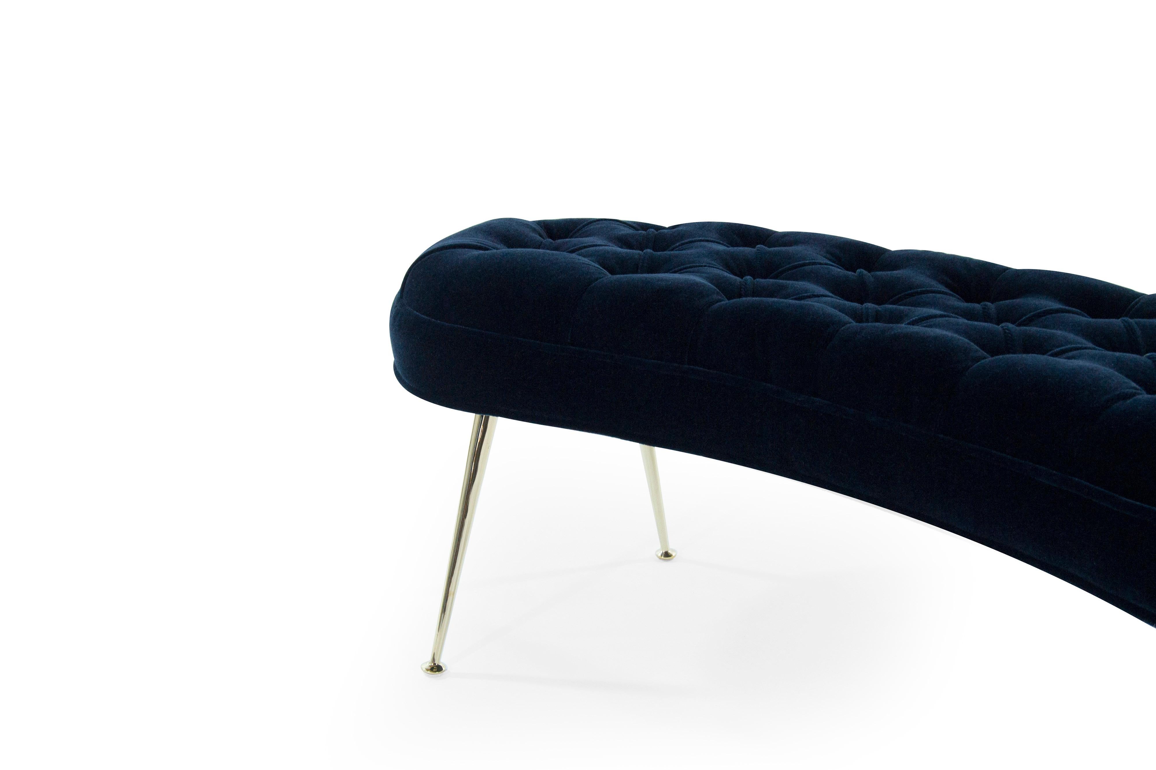 Brass Pair of Tufted Benches in Deep Blue Mohair
