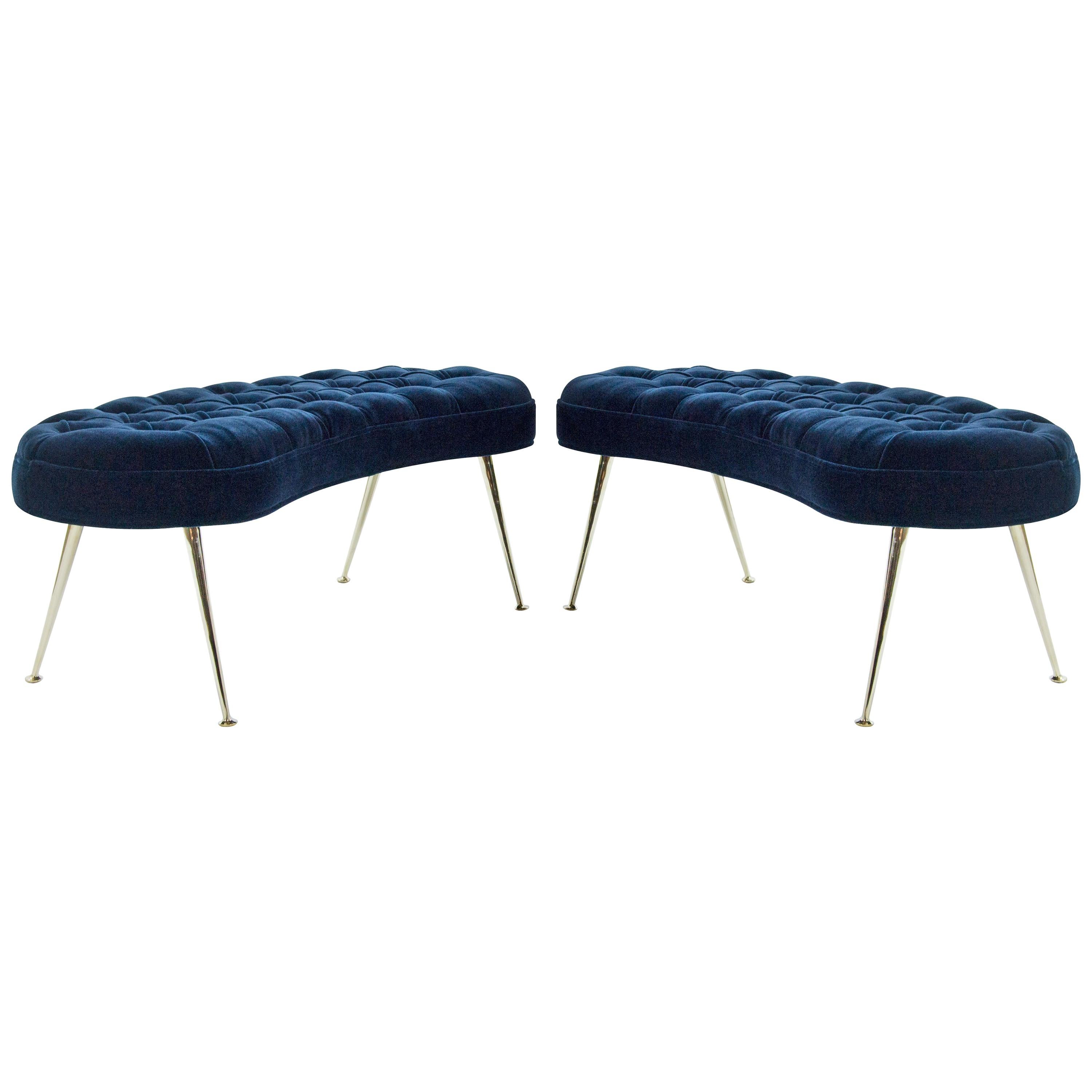 Pair of Tufted Benches in Deep Blue Mohair