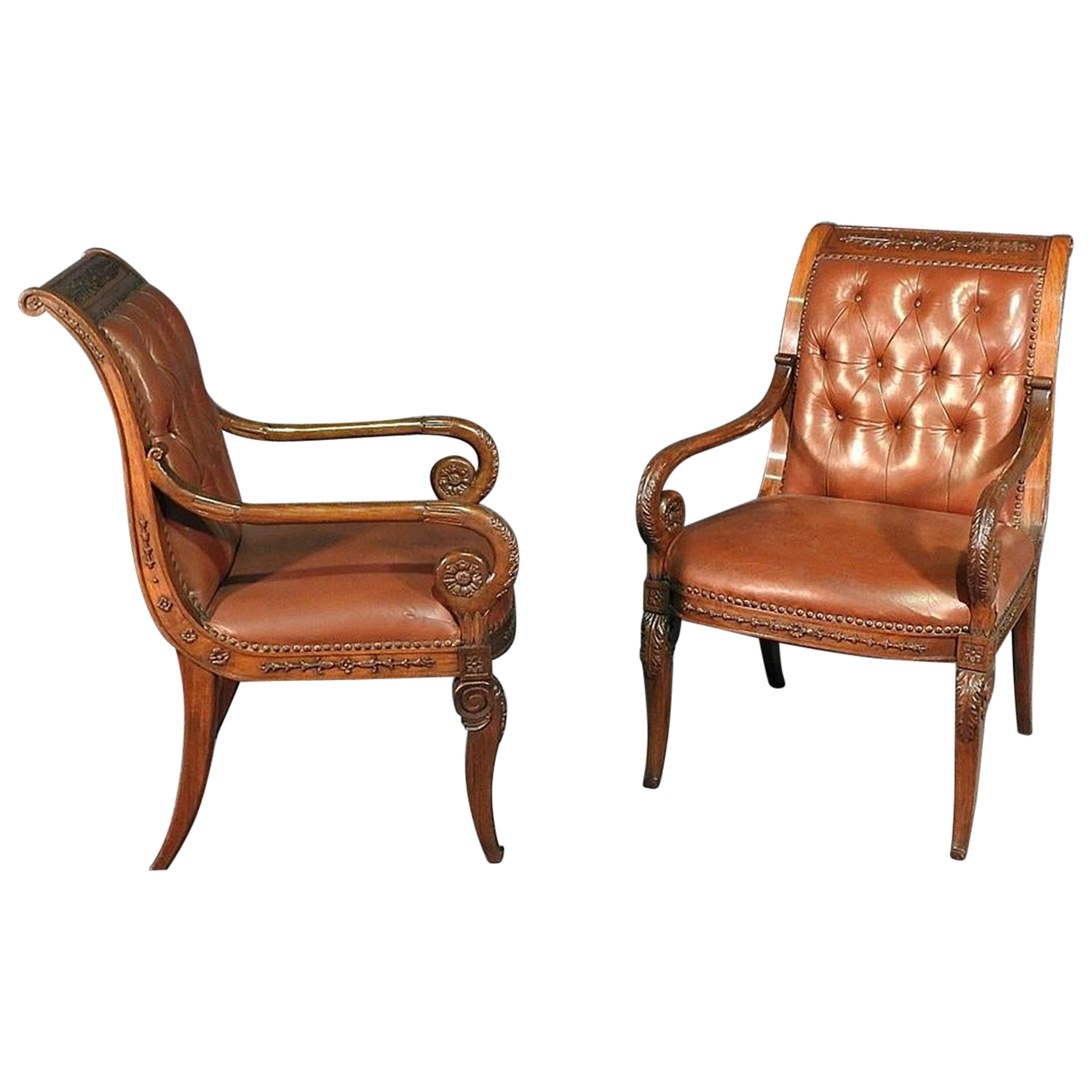 Pair of Tufted Carved Mahogany French Regency Style Leather Armchairs