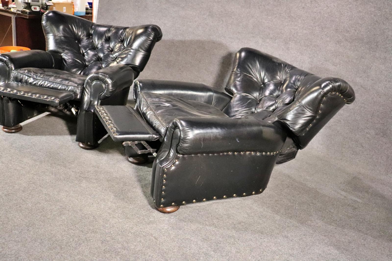 Pair of Tufted English Georgian Style Club Chairs Recliners  In Good Condition For Sale In Swedesboro, NJ