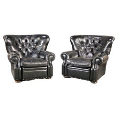 Used Pair of Tufted English Georgian Style Club Chairs Recliners 