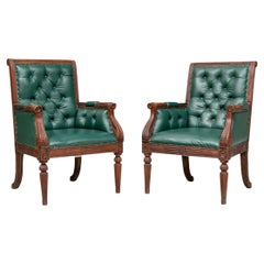 Used Pair of Tufted Faux-Leather Carved Fireside Armchairs
