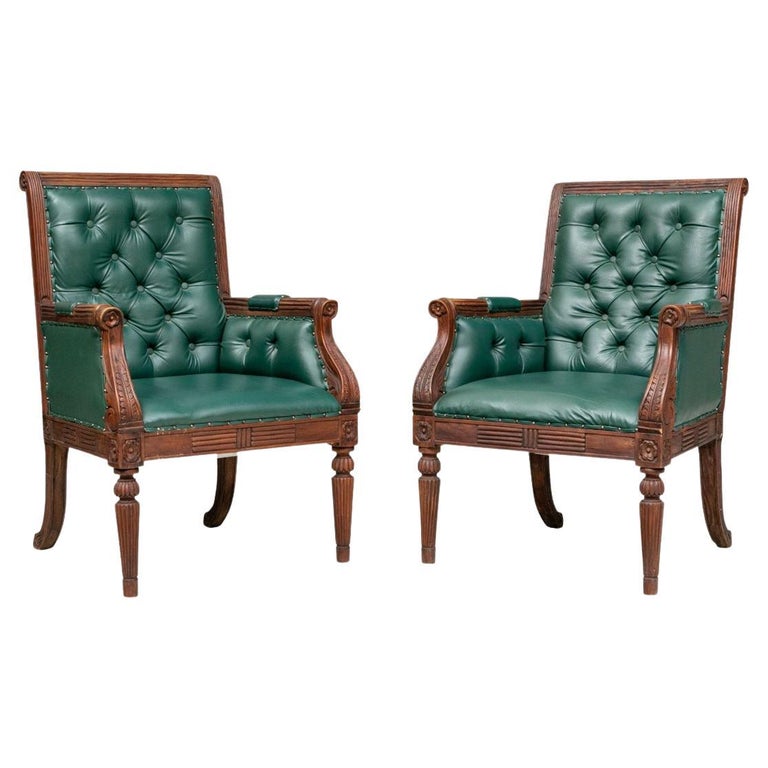 Pair Of Tufted Faux Leather Carved, Faux Leather Fireside Chairs