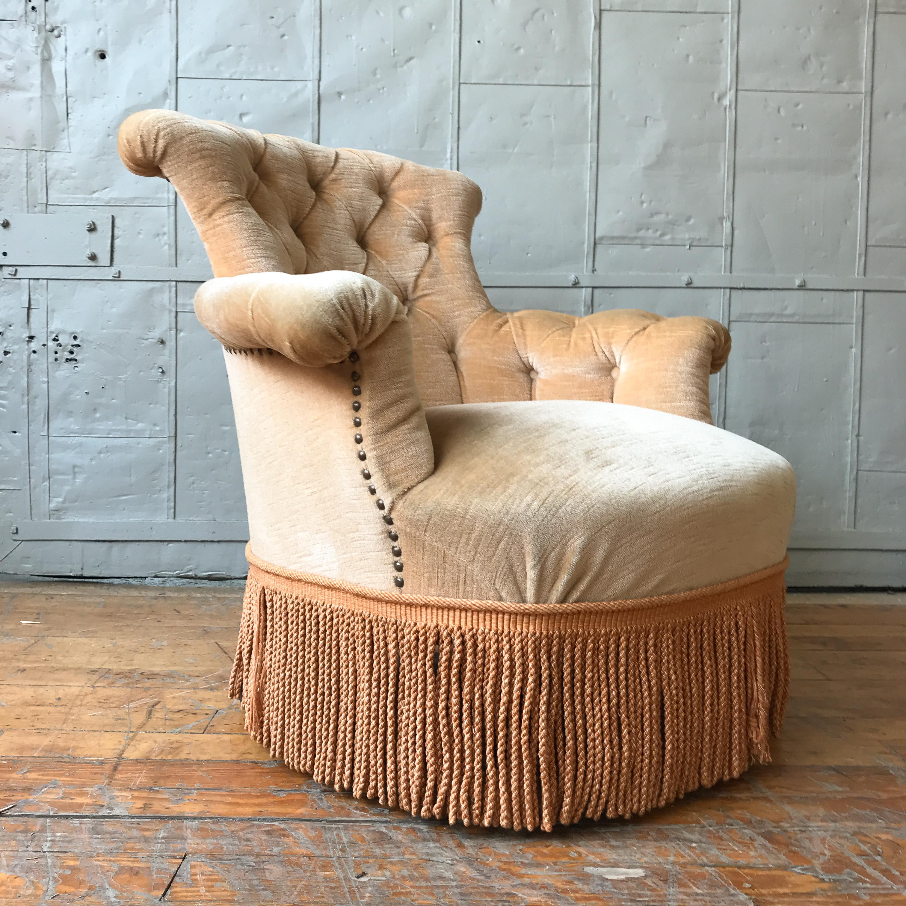Pair of Tufted French Armchairs with Fringe 4