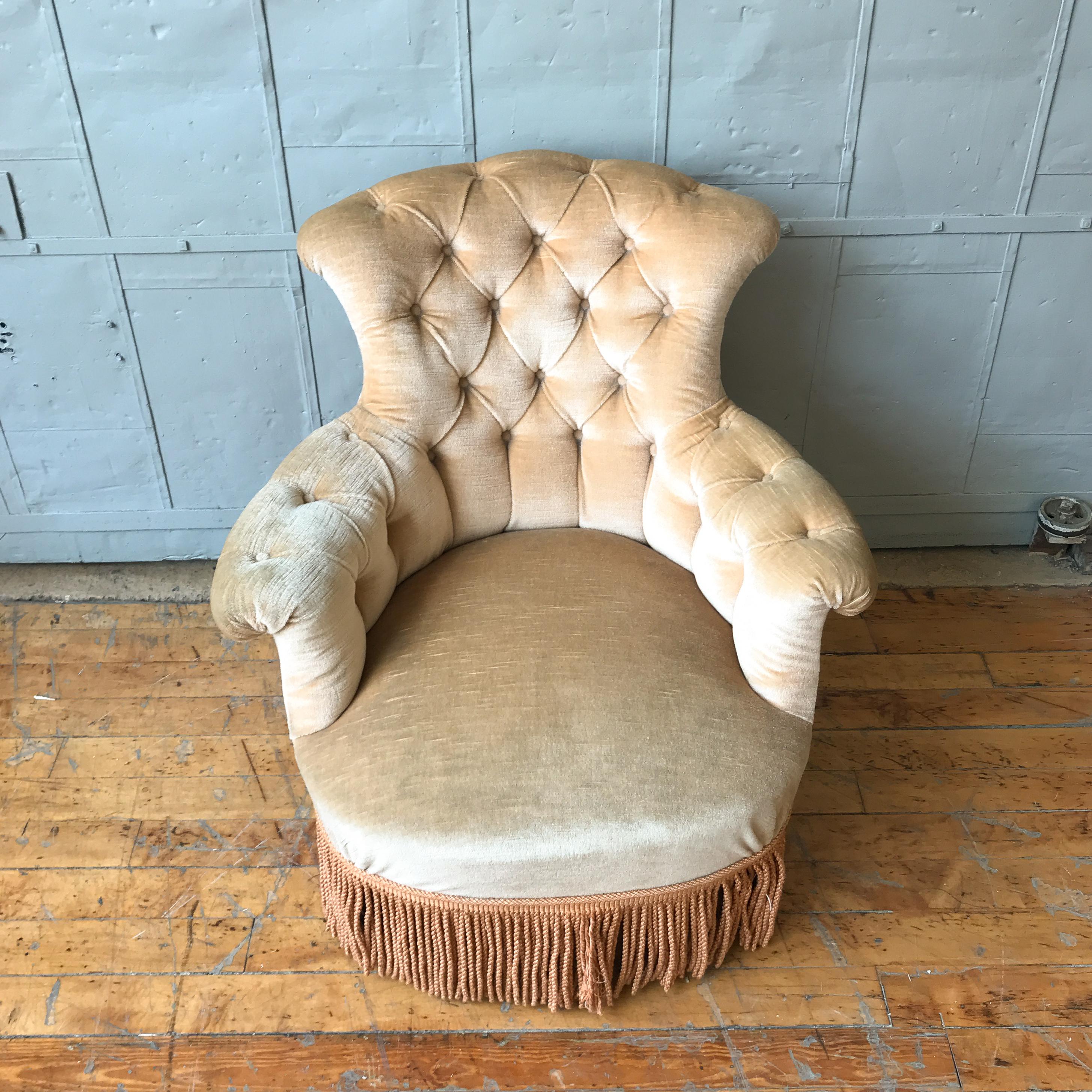 Pair of Tufted French Armchairs with Fringe 10