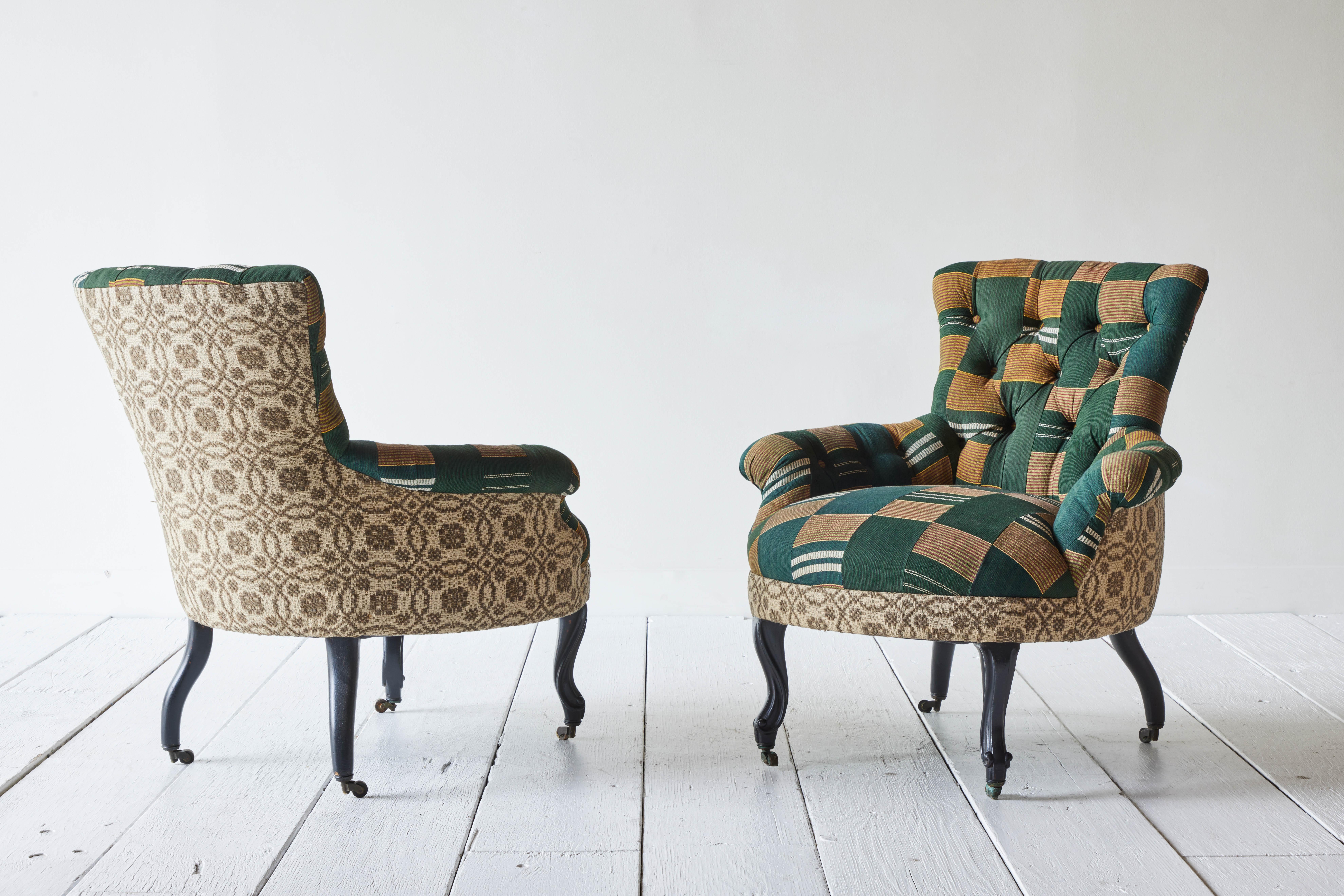 19th Century Pair of Tufted French Armchairs with Vintage Ewe and American Textiles