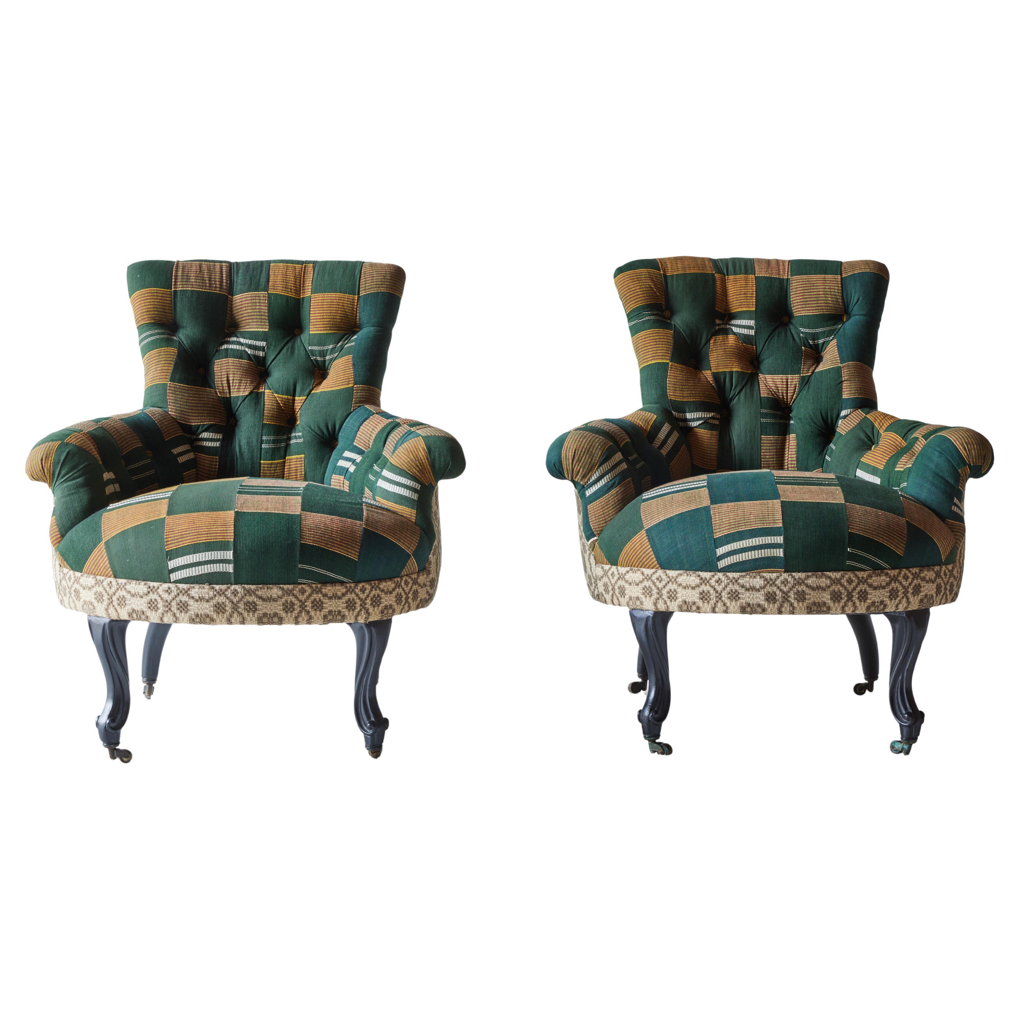 Pair of Tufted French Armchairs with Vintage Ewe and American Textiles