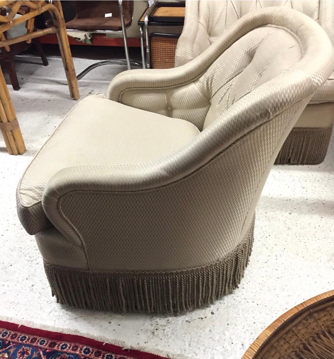 Pair of Tufted Fringe Trim Tufted Club Chairs In Good Condition In West Hartford, CT