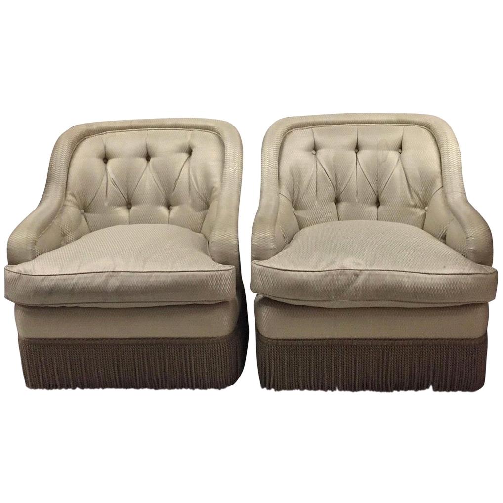 Pair of Tufted Fringe Trim Tufted Club Chairs