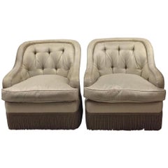 Pair of Tufted Fringe Trim Tufted Club Chairs