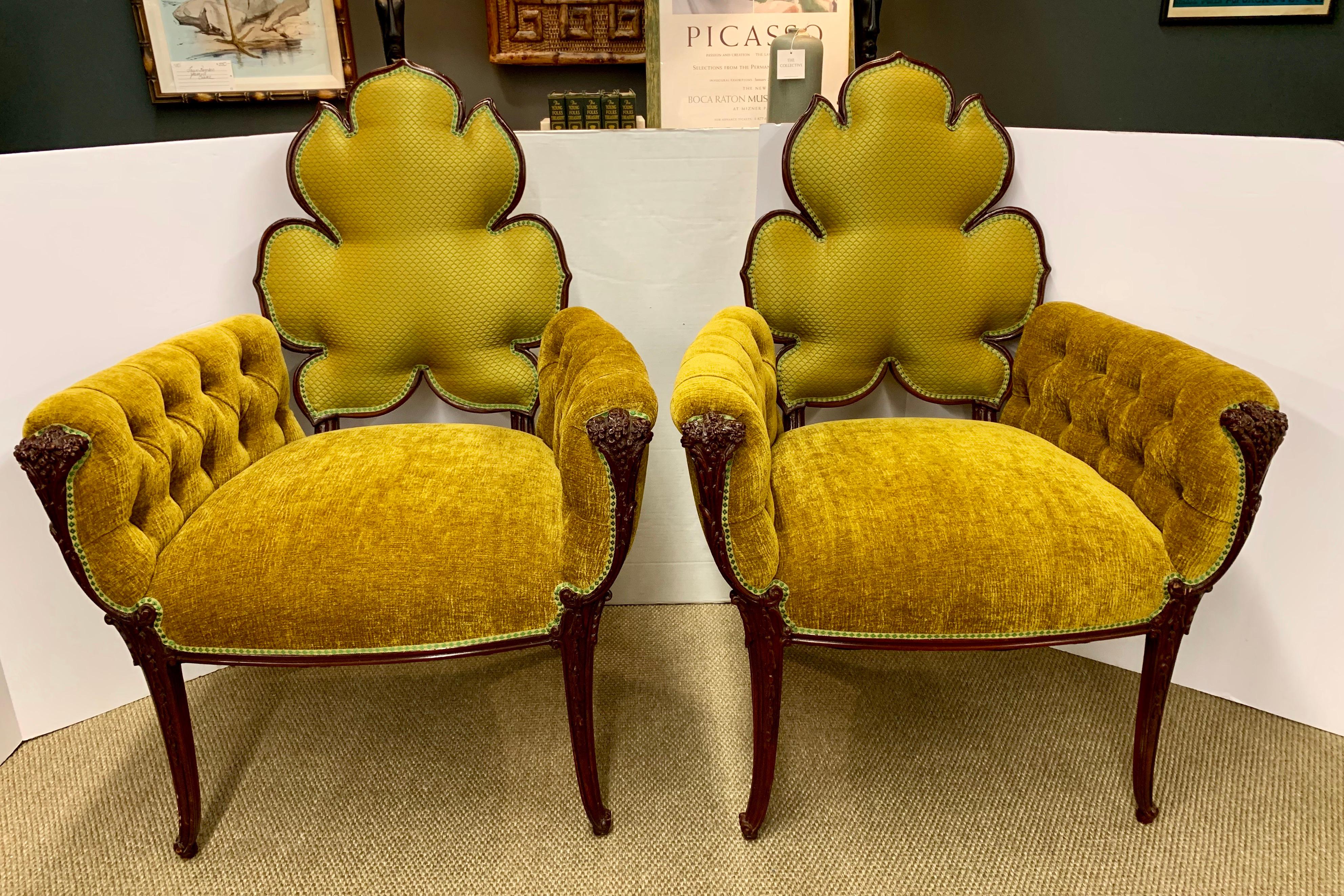 Uniquely shaped 1950s matching armchairs with golden velvet upholstery, mahogany wood and maple leaf shaped backrest. One of a kind look.