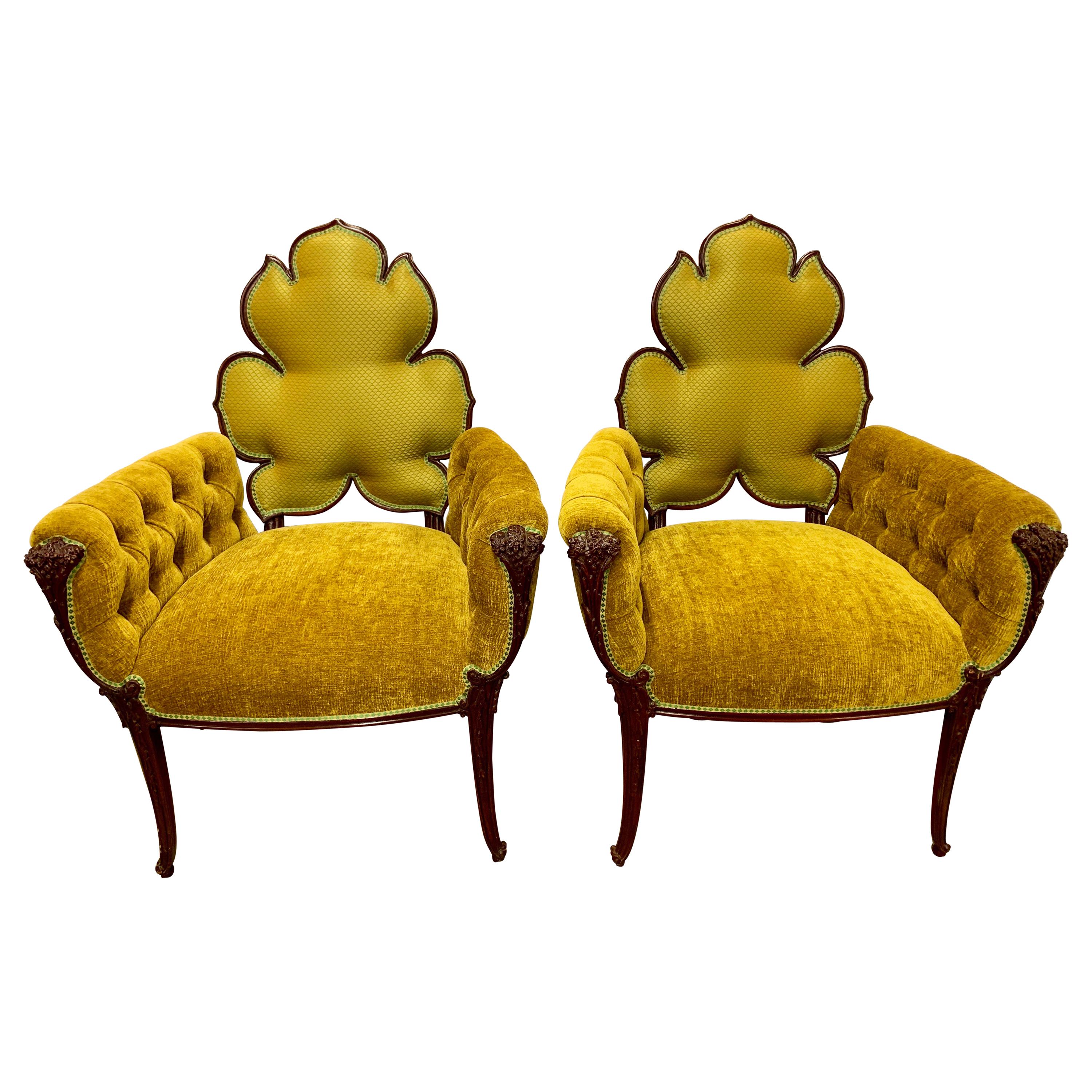 Pair of Tufted Gold Velvet Mahogany Chairs Armchairs