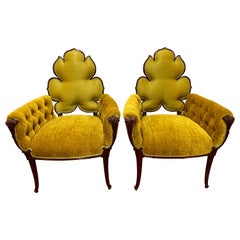 Pair of Tufted Gold Velvet Mahogany Chairs Armchairs