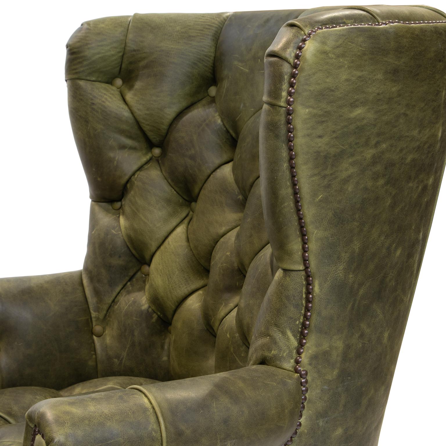 American Pair of Tufted Green Leather Wing Chairs