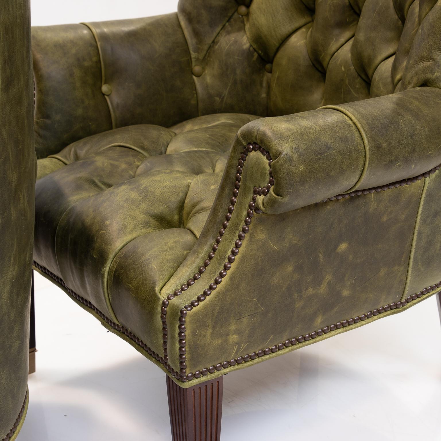 Dyed Pair of Tufted Green Leather Wing Chairs