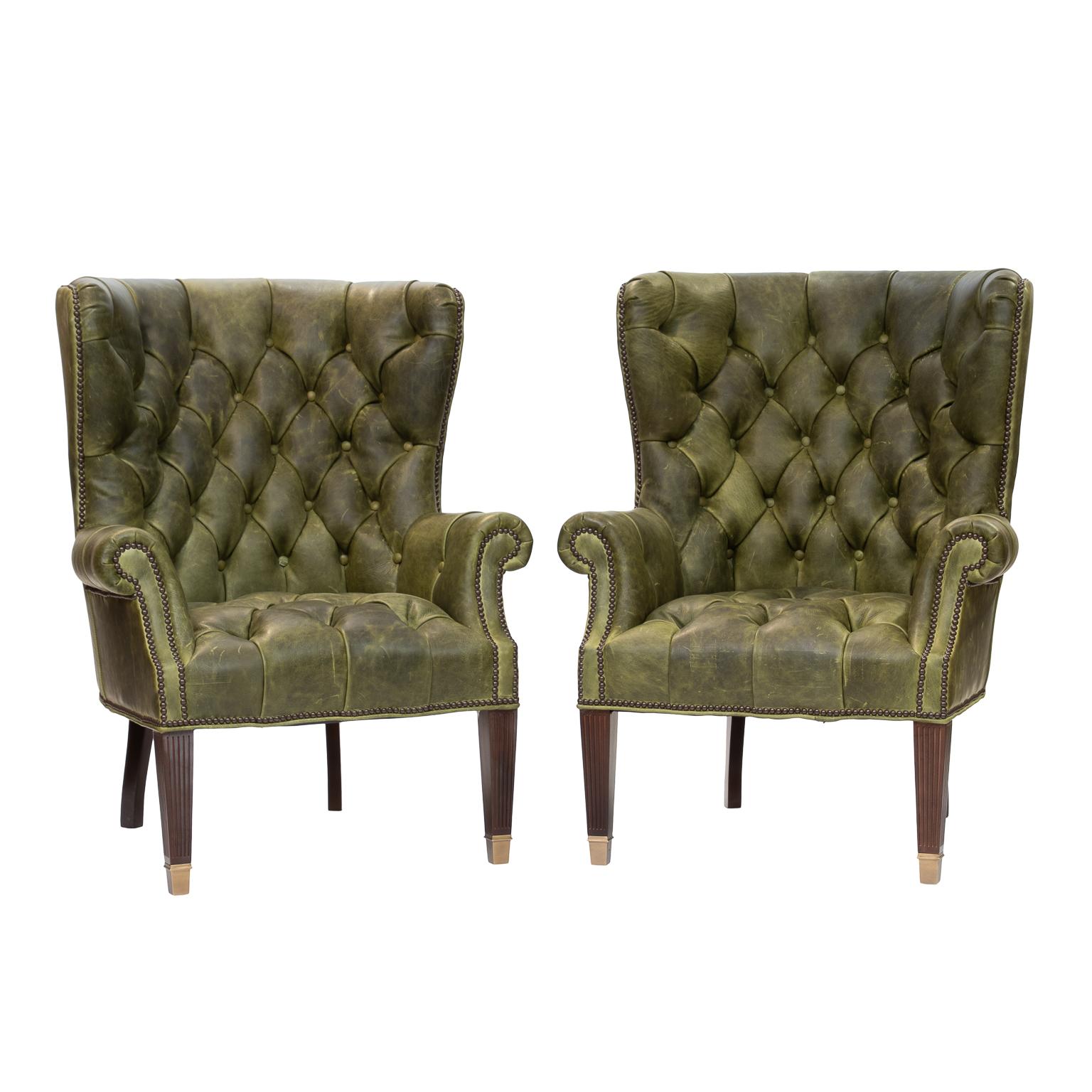Pair of Tufted Green Leather Wing Chairs