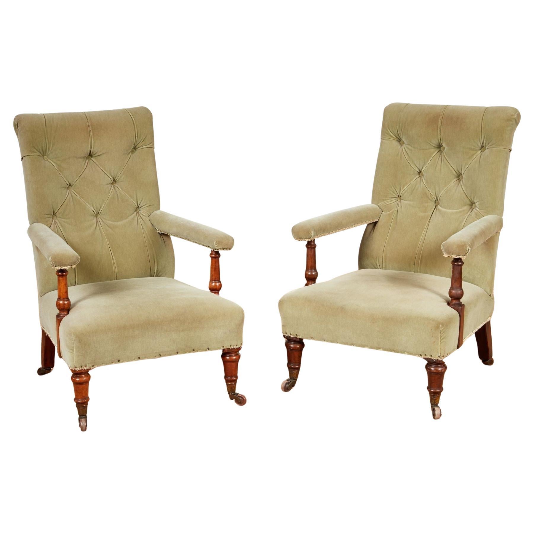 Pair of Tufted High Back Open Armchairs For Sale