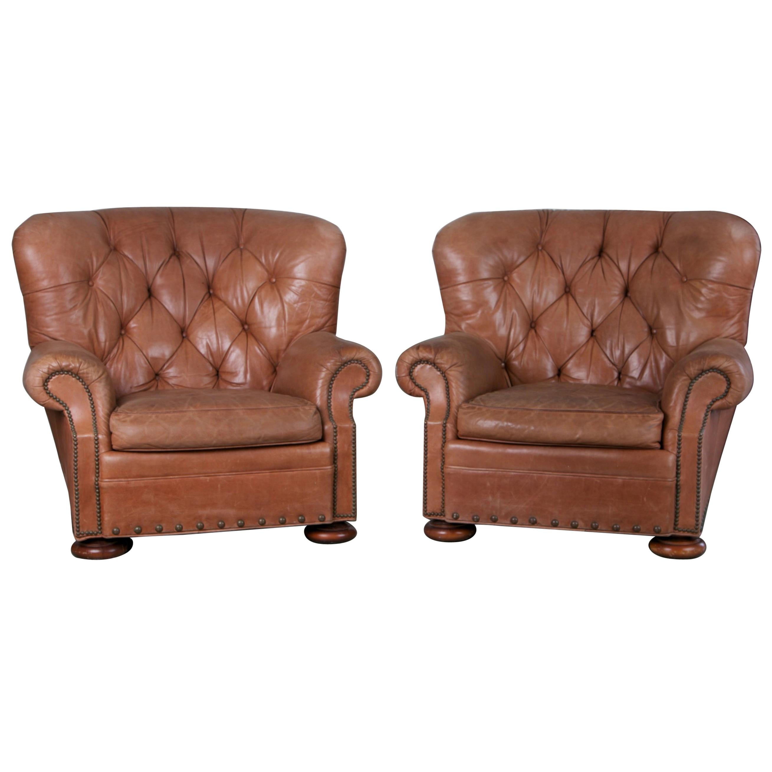 Pair of Tufted Leather Armchairs the Style of Ralph Lauren Writer's Chair