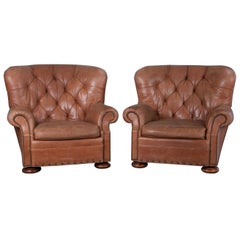 Pair of Tufted Leather Armchairs the Style of Ralph Lauren Writer's Chair