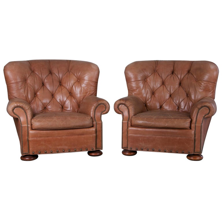 Pair Of Tufted Leather Armchairs The, Ralph Lauren Leather Chairs