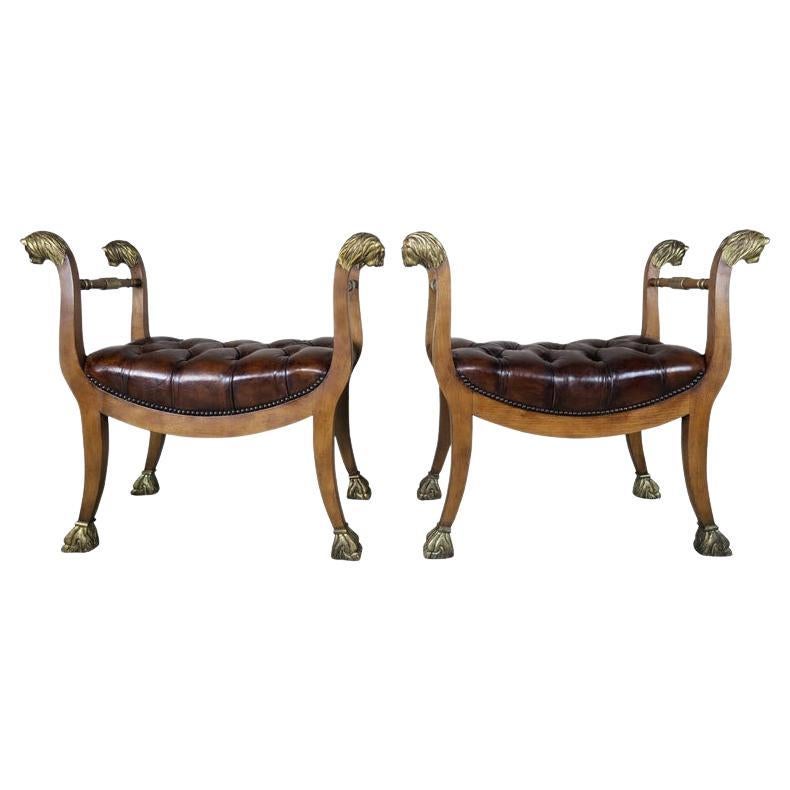 Pair of Tufted Leather Benches by Baker Furniture
