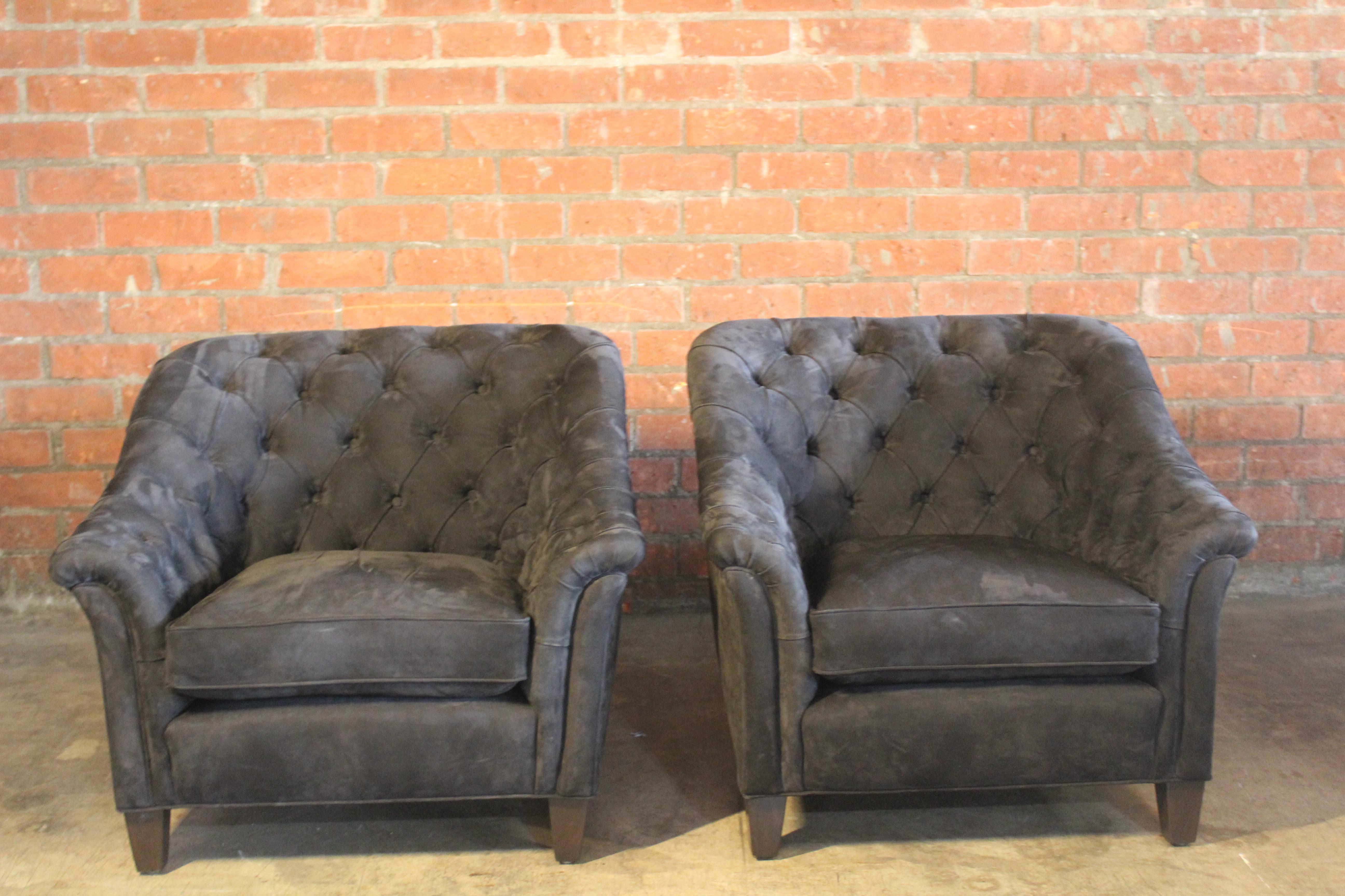 French Pair of Tufted Leather Club Chairs, France, 1960s For Sale
