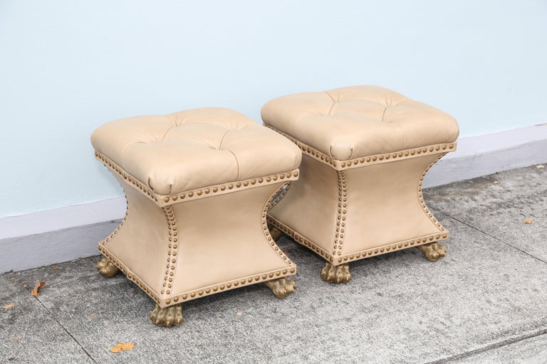 Pair of Tufted Leather Ottomans For Sale at 1stDibs