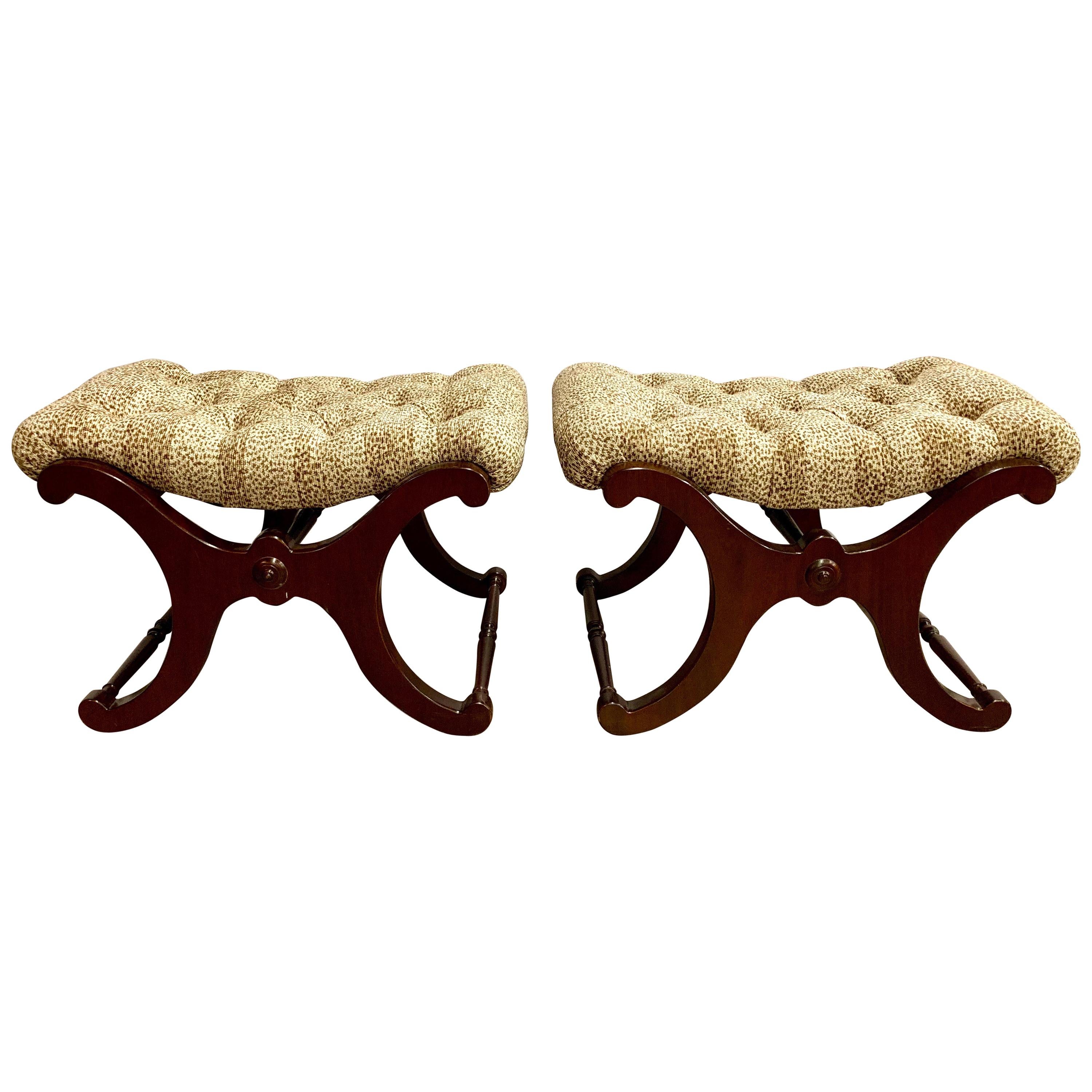 Pair of Tufted Leopard Print X Base Ottomans Benches