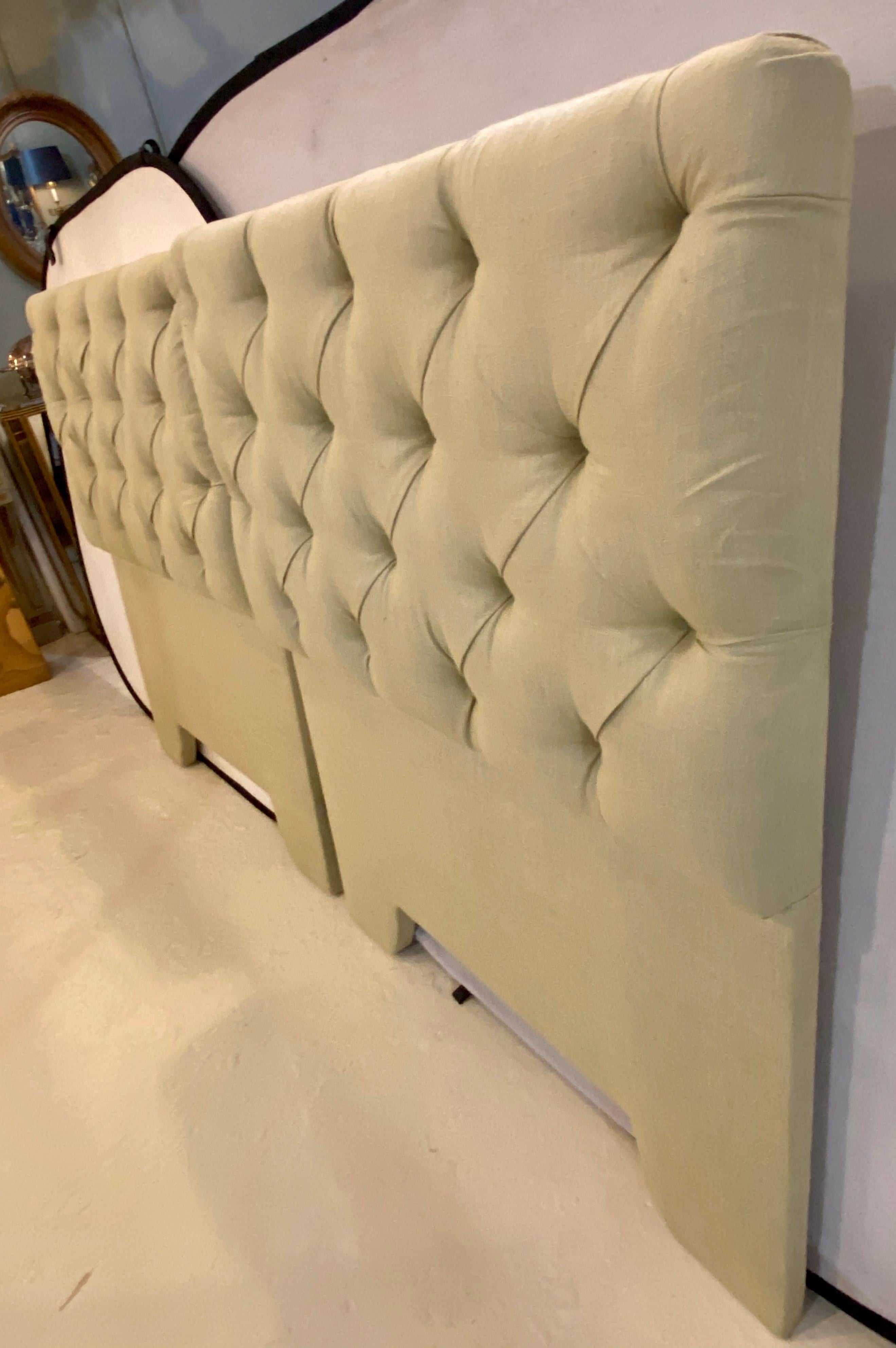 Pair of Tufted Linen Twin Headboards In Good Condition In Stamford, CT