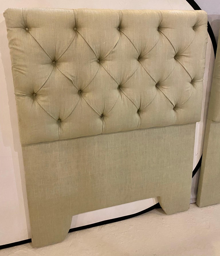 Pair of Tufted Linen Twin Headboards at 1stDibs