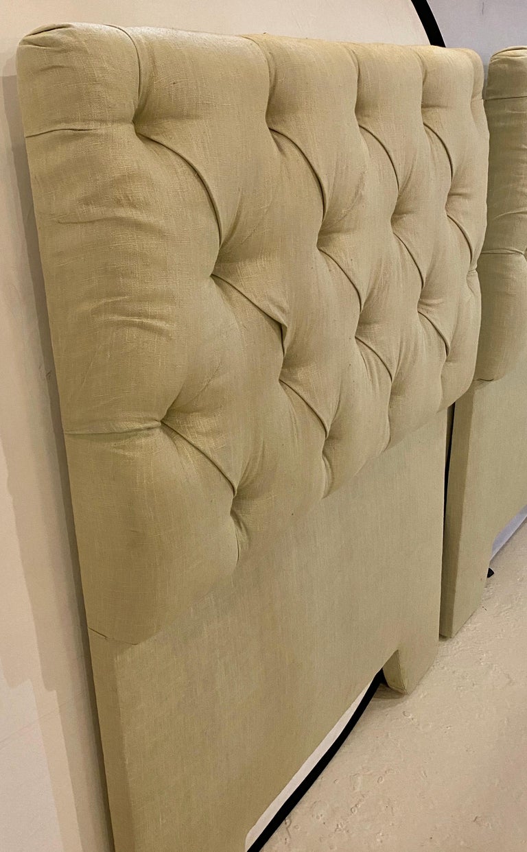 Pair of Tufted Linen Twin Headboards at 1stDibs